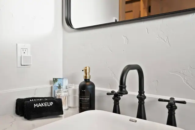 Set your toiletries down and settle in the vanity's stocked with everything from soap to shower gel so you can pack lighter for the trip.