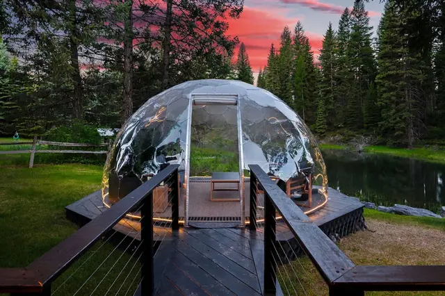 Follow the boardwalk to your own glass geodome, glowing under a pink dusk sky with the forest closing in around it.