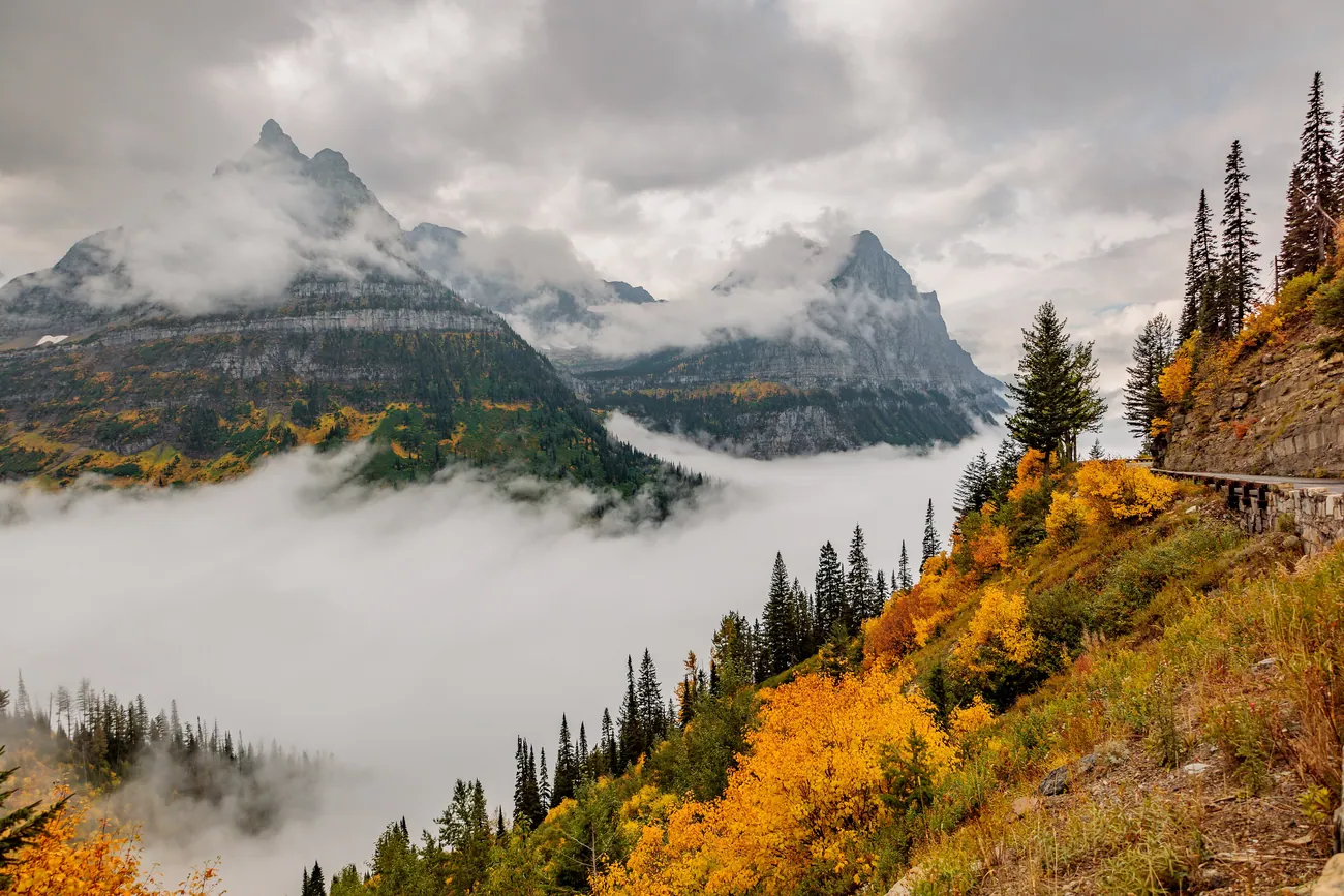 Cloud filling the valley below Going-to-the-Sun Road in autumn