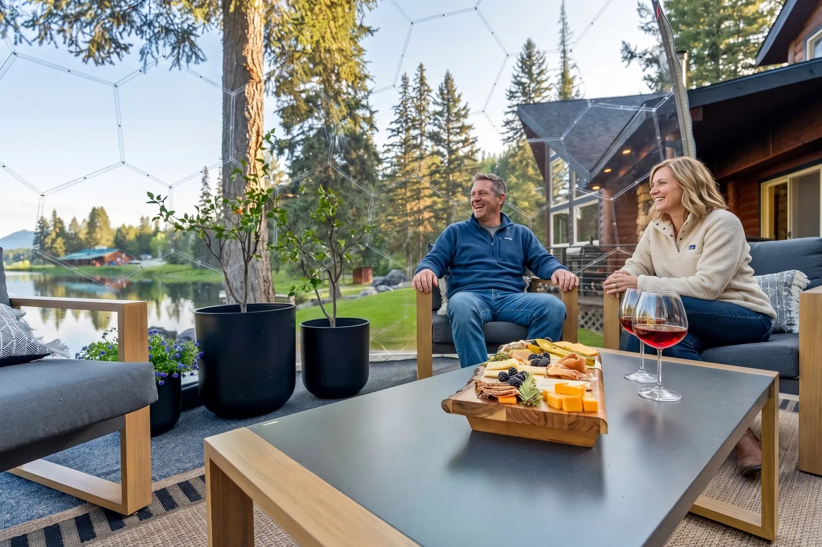 A couple with wine and a board inside the geodome at Lodge 93, the river behind them
