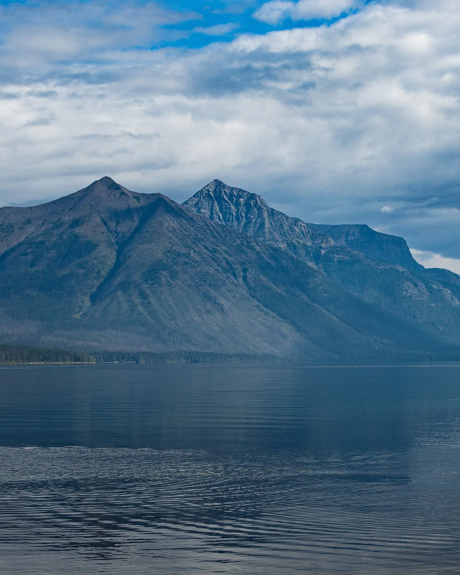 Lake McDonald in Glacier National Park, the peaks reflected in still water