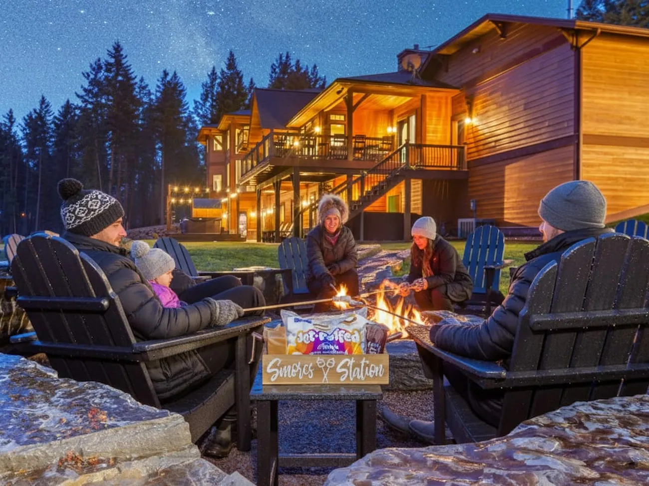 Guests around the lit fire pit at Soaring Eagle, the lodge glowing behind them