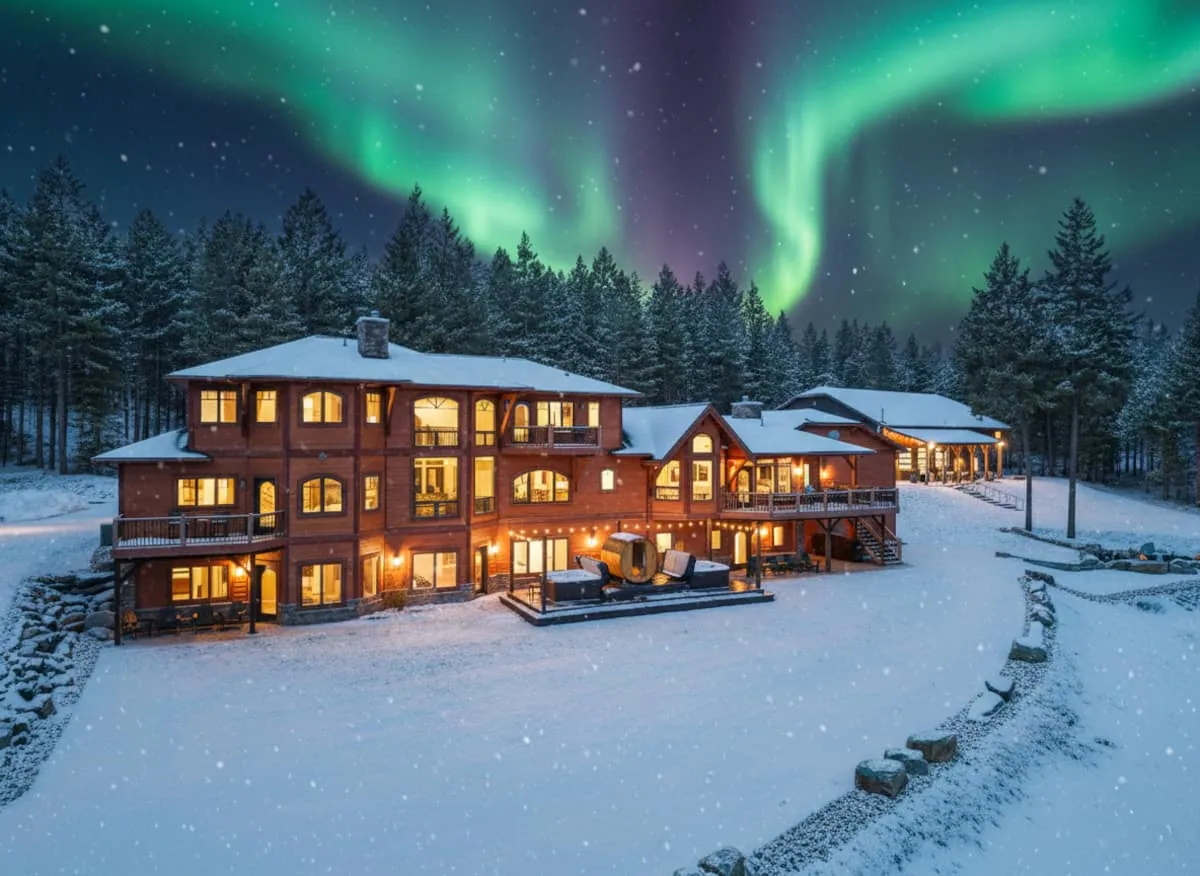 Step outside after dark and the northern lights ripple green over your snow-dusted lodge a Montana sky show most vacation homes can't promise.